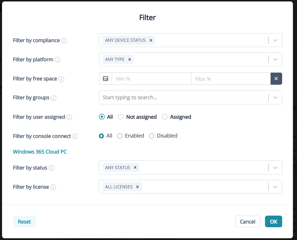 Filter options in Nerdio Manager