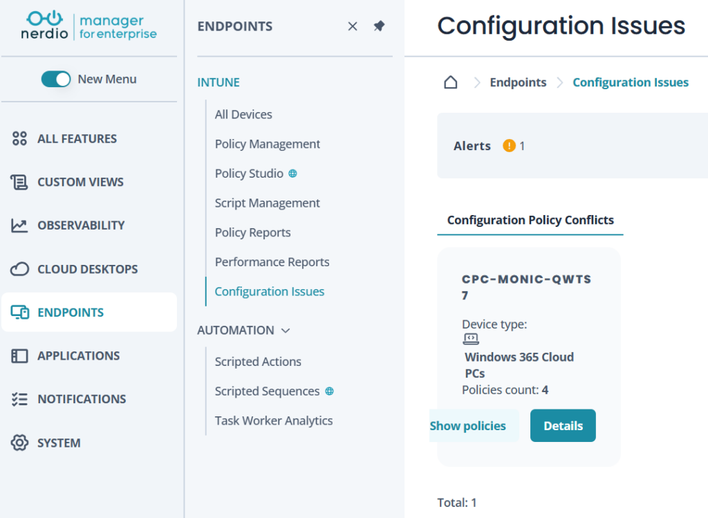 Nerdio Manager for Enterprise Configuration Issues dashboard under Endpoints > Intune, showing a Windows 365 Cloud PC with four conflicting policies